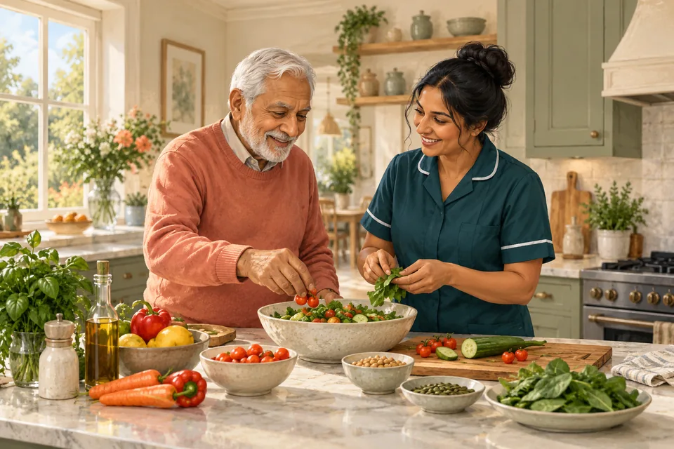 Illustration of a care professional and an older man preparing vegetables