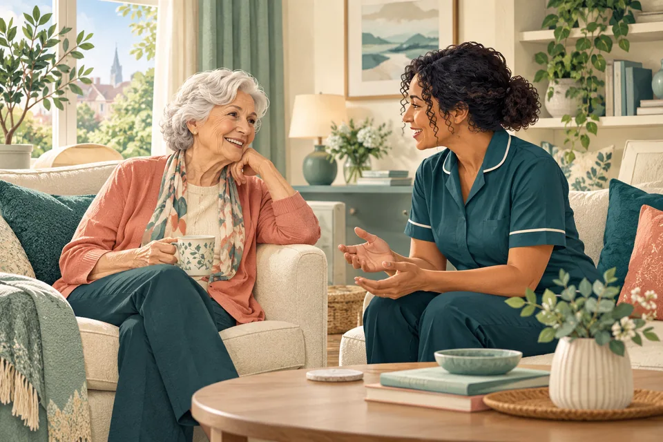 Illustration of a care professional listening to an older woman at home