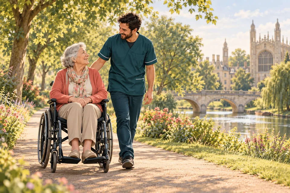 Illustration of a care professional accompanying a wheelchair user beside a river