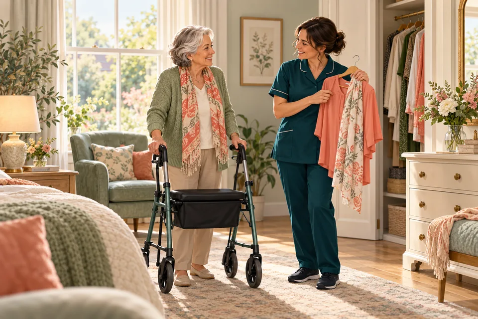Illustration of a care professional helping an older woman choose clothing